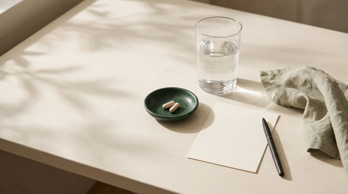 Two capsules, a glass of water and a blank checklist card on a light desk.
