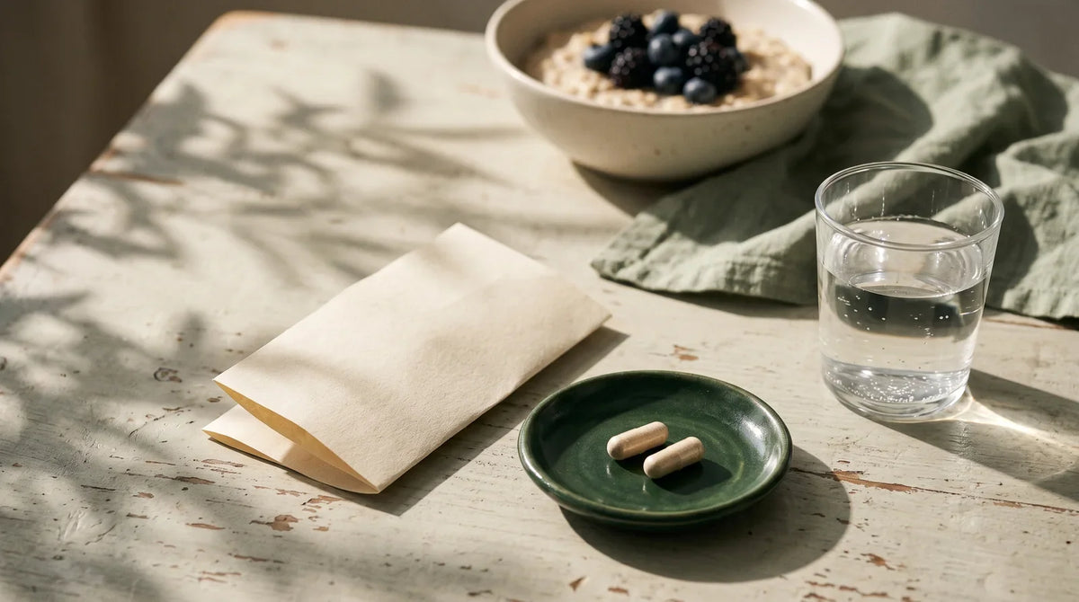 A water glass and two capsules near a breakfast bowl and directions leaflet.
