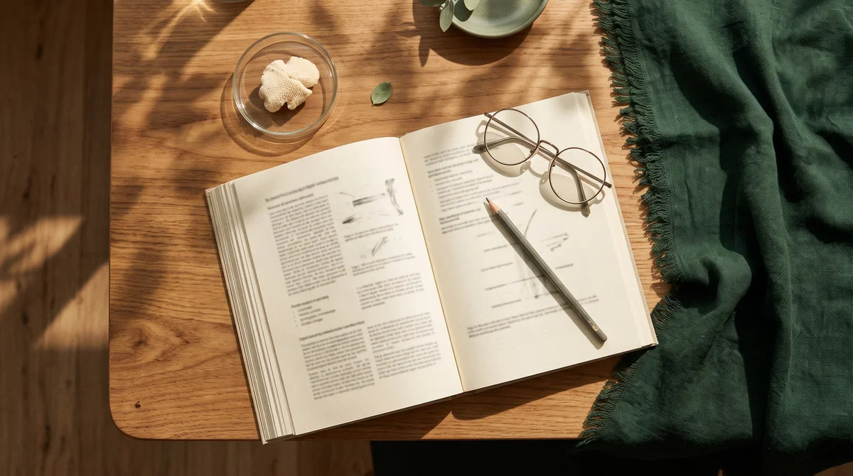 Reading glasses and a pencil beside an open research journal and a mushroom sample.