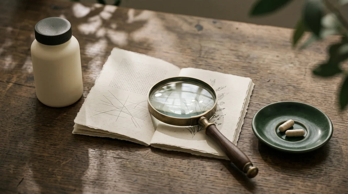 Magnifying glass, supplement bottle and two capsules arranged beside a label booklet.