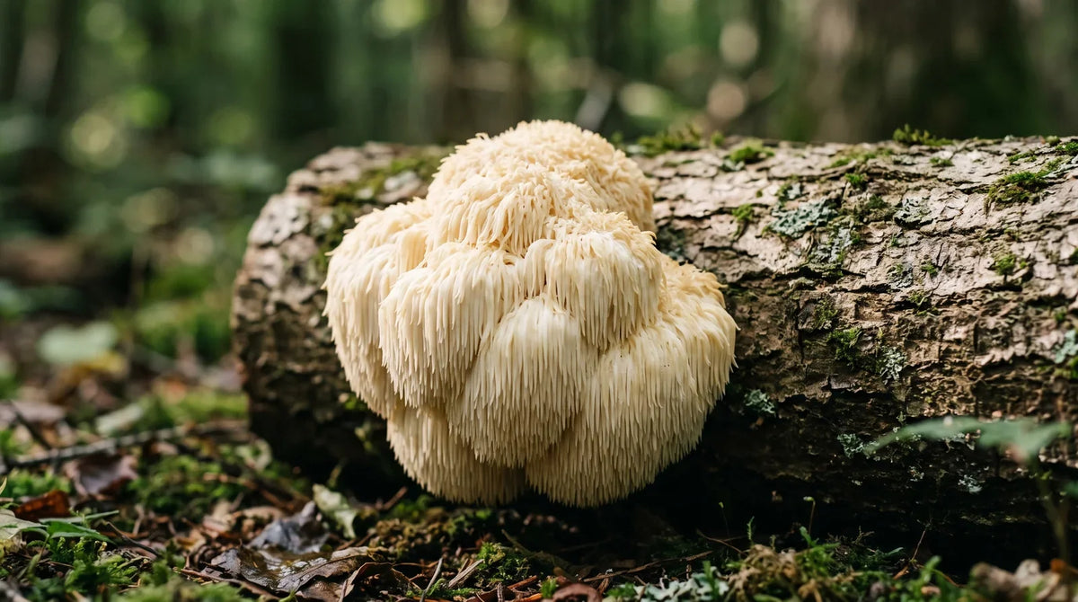 A white Lion’s Mane mushroom growing from a hardwood log.