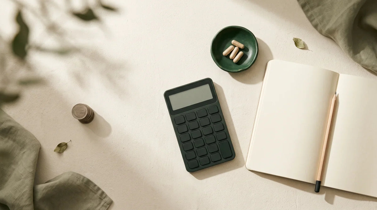 Calculator, capsules, notebook and coins arranged for a cost comparison.