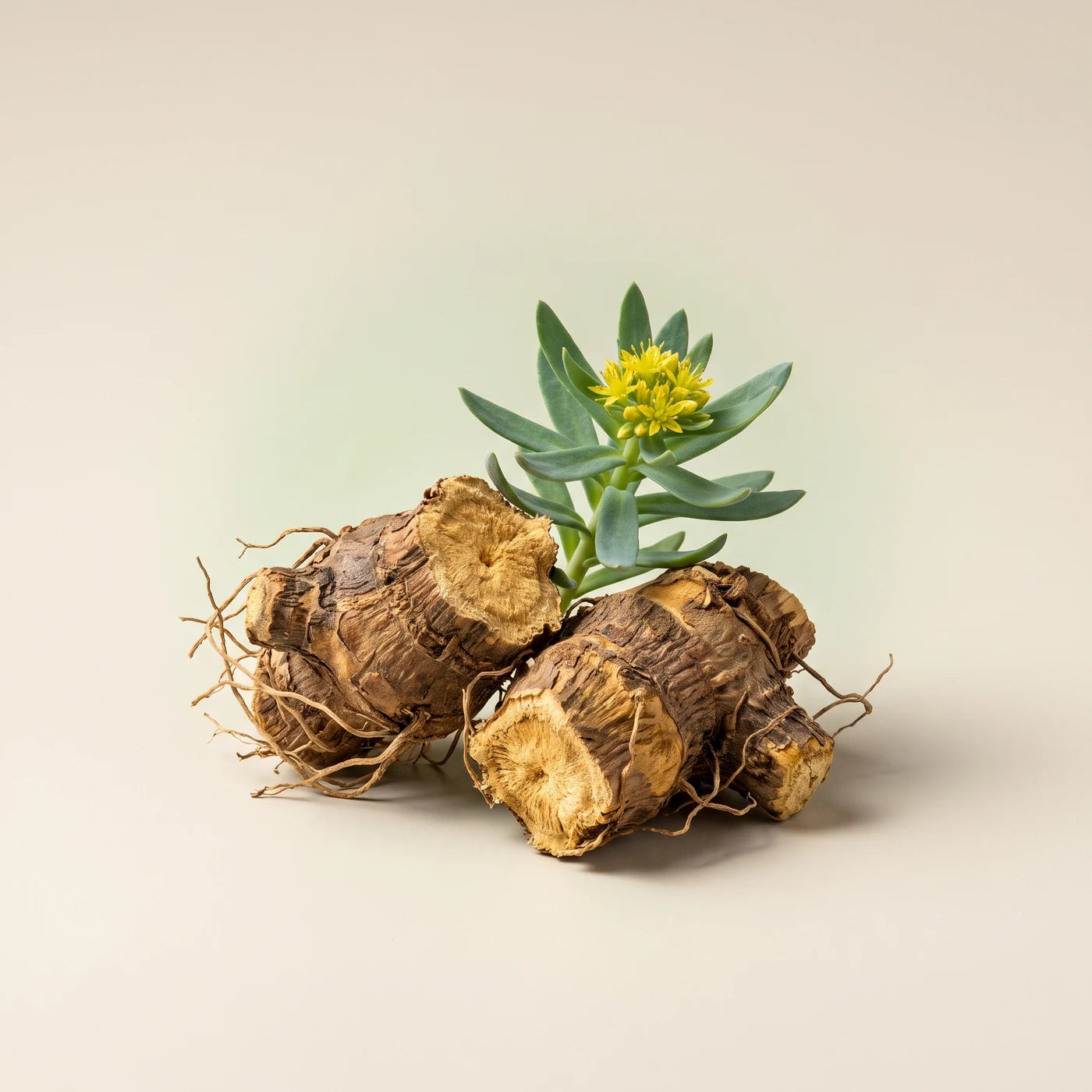 Rhodiola rosea roots, leaves and yellow flowers; illustrative image