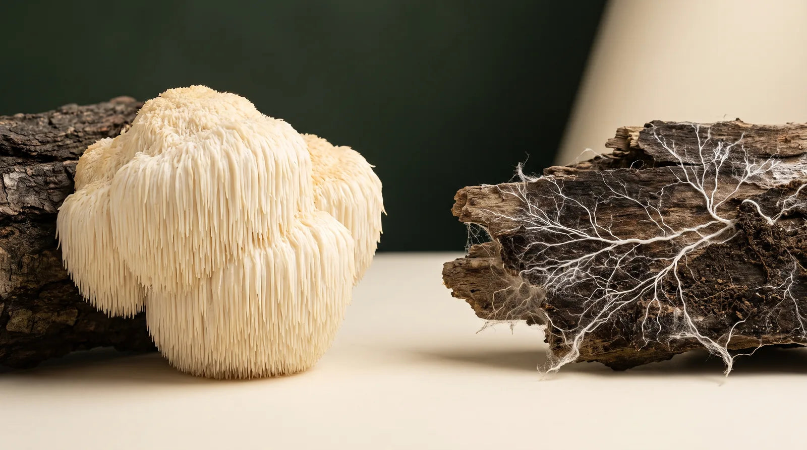 Illustrative Lion’s Mane fruiting body on the left and white mycelial threads across wood on the right
