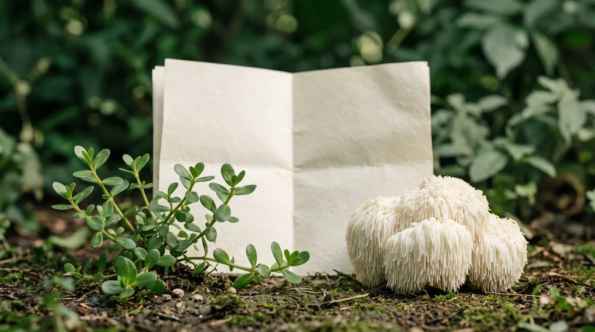 Bacopa leaves and Lion’s Mane arranged beside a folded research paper.