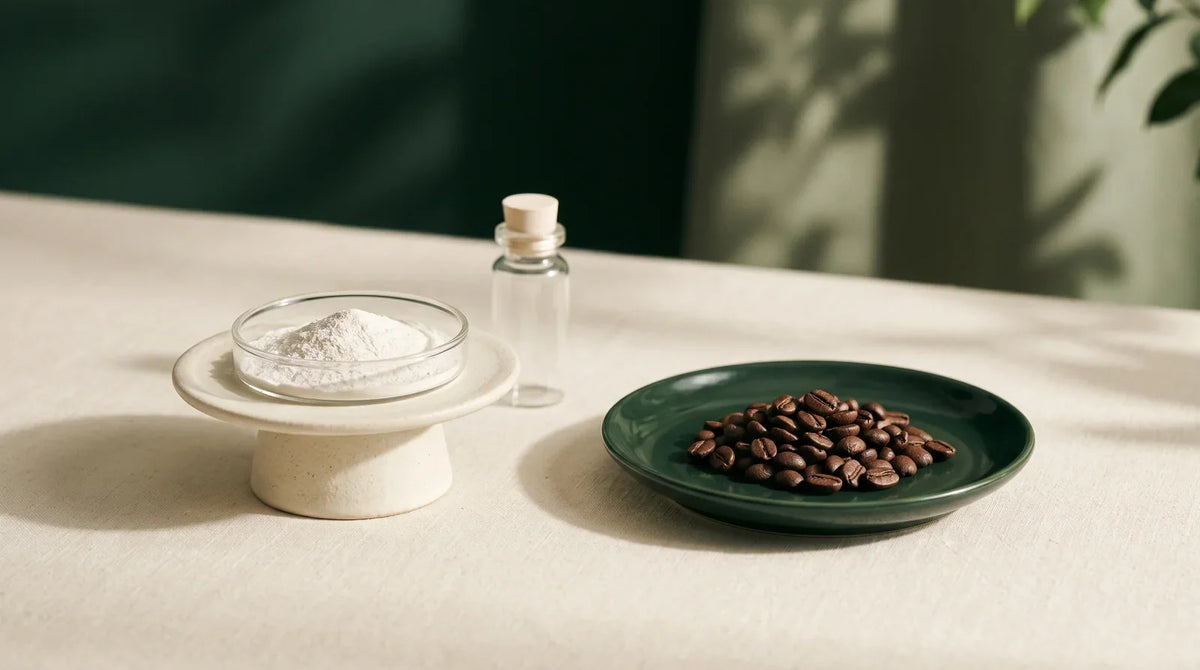White powder in a glass dish beside a saucer of roasted coffee beans.