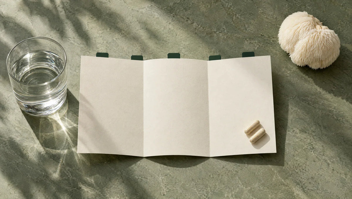 An open supplement guide with two capsules, a glass of water and a Lion’s Mane mushroom.