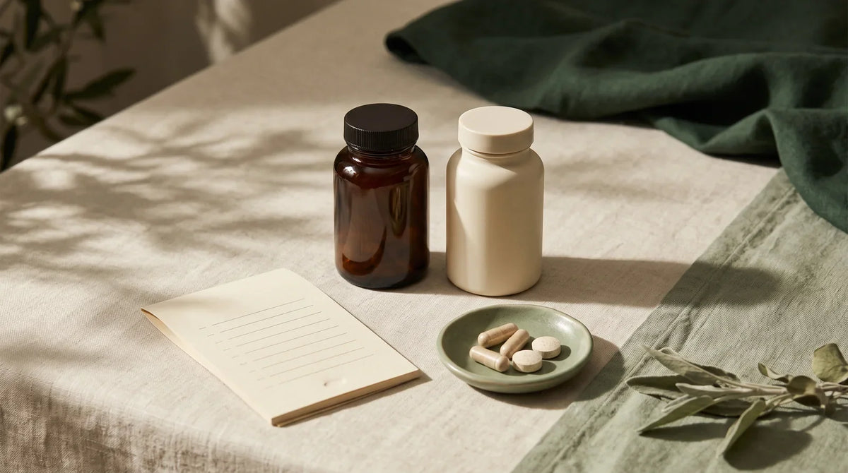 Two supplement bottles with capsules, tablets and a comparison checklist.
