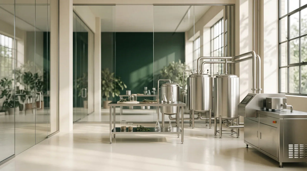 Illustrative supplement production workspace with stainless steel equipment and glass partitions.