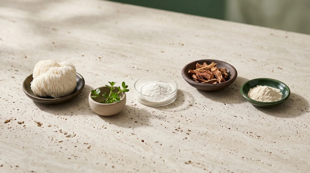Five ingredient materials arranged in separate vessels on a pale stone surface.