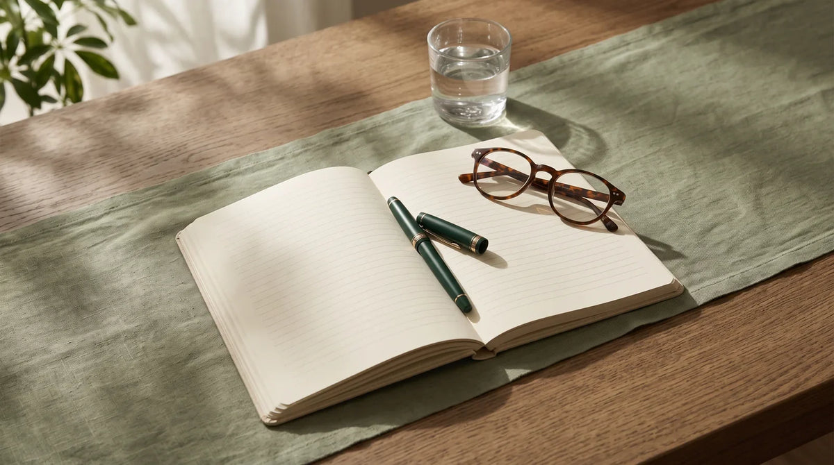 An open journal, green pen and reading glasses in soft window light.