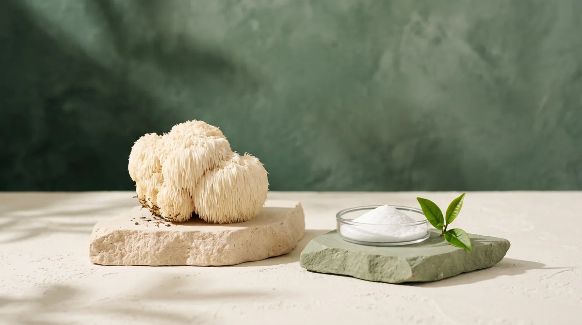 Lion’s Mane mushroom, a tea sprig and white powder on separate display surfaces.