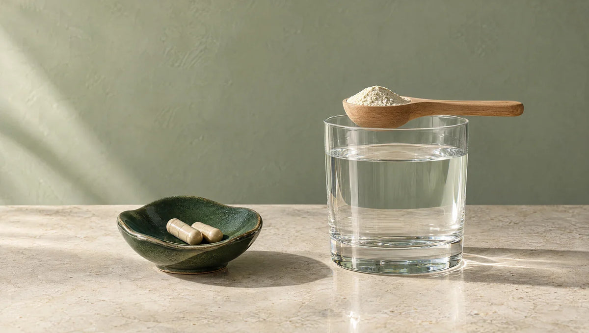 Nootropic capsules beside a glass of water and a scoop of powder.