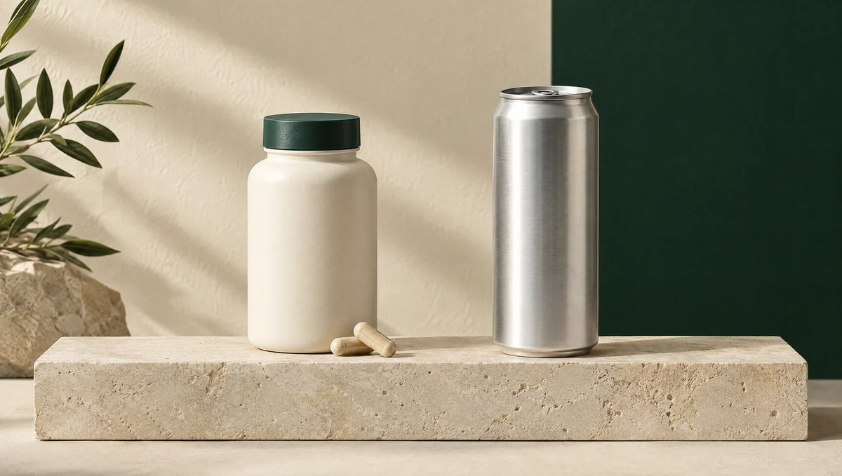 An unbranded supplement bottle and capsules beside a slim aluminum energy-drink can.