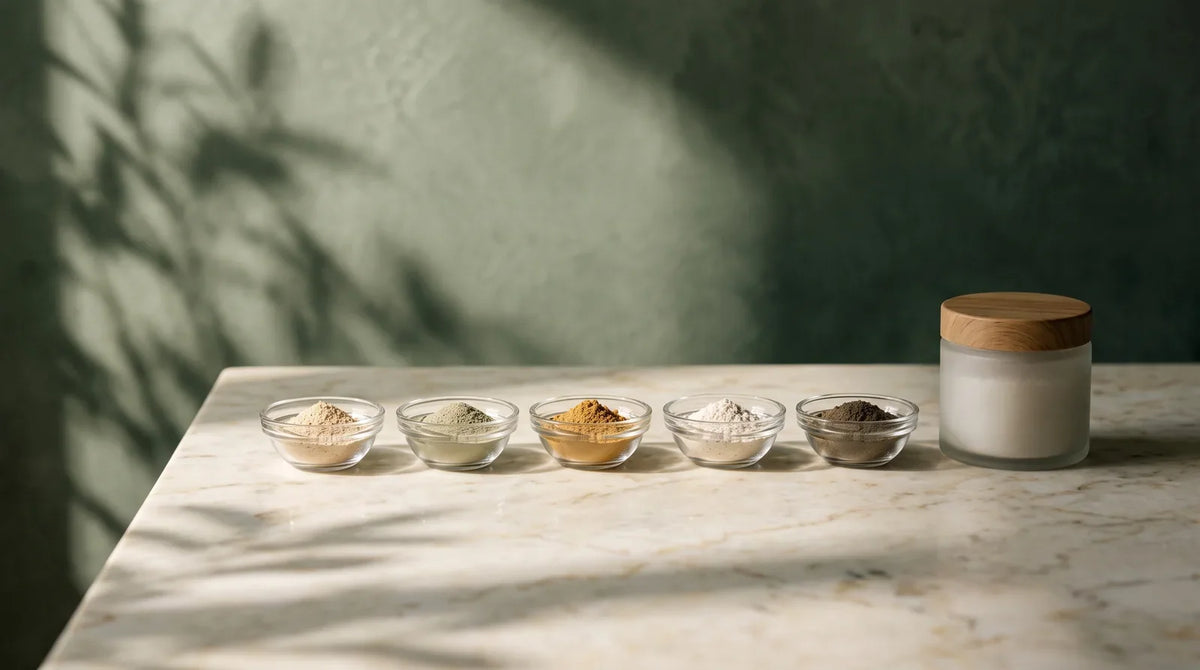 Separate glass bowls of powders beside a frosted jar.