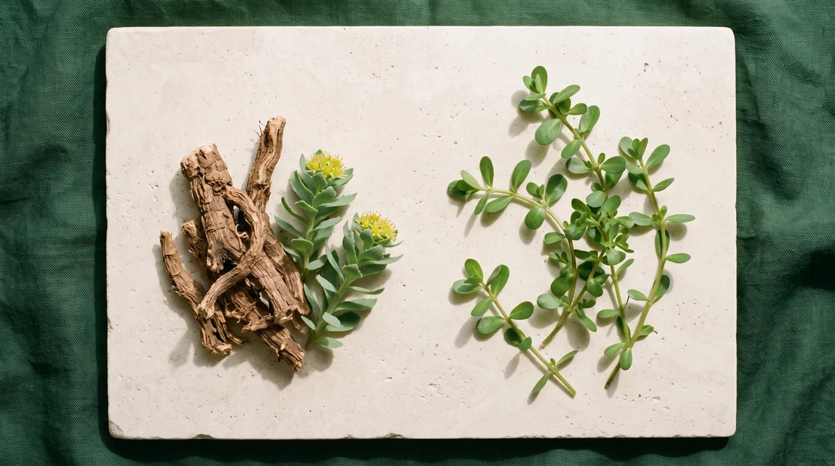 Rhodiola root and flowering sprig beside fresh Bacopa leaves.