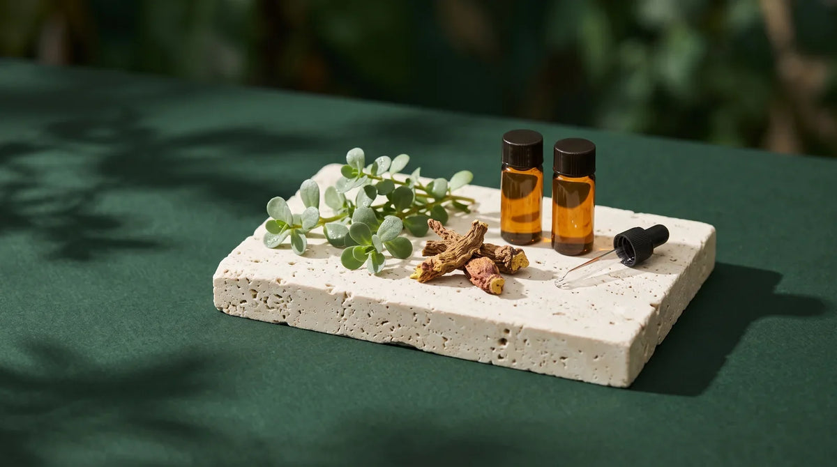 Bacopa leaves, Rhodiola root and two amber sample vials on stone.