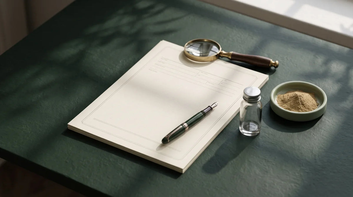 A magnifier, sample vial and powder dish beside a laboratory report.