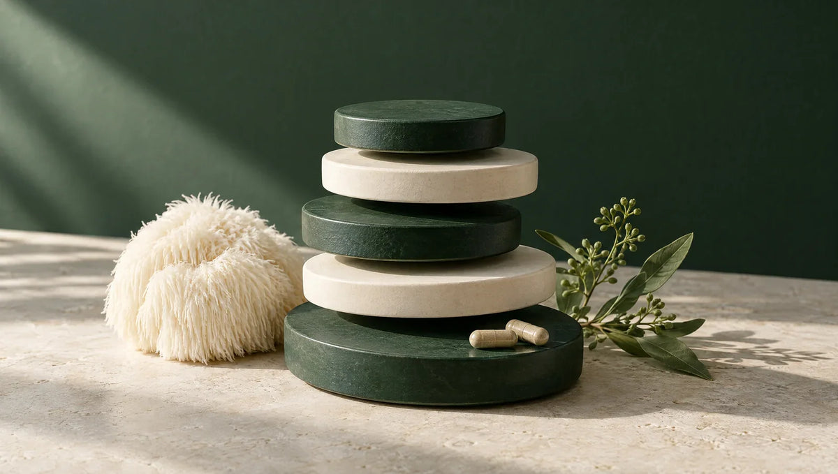 Five stacked ceramic discs beside Lion’s Mane and two capsules, illustrating a nootropic stack.