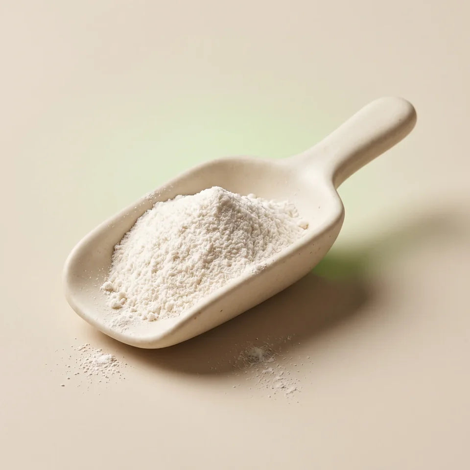 White powder on a ceramic scoop representing L-theanine; illustrative ingredient image
